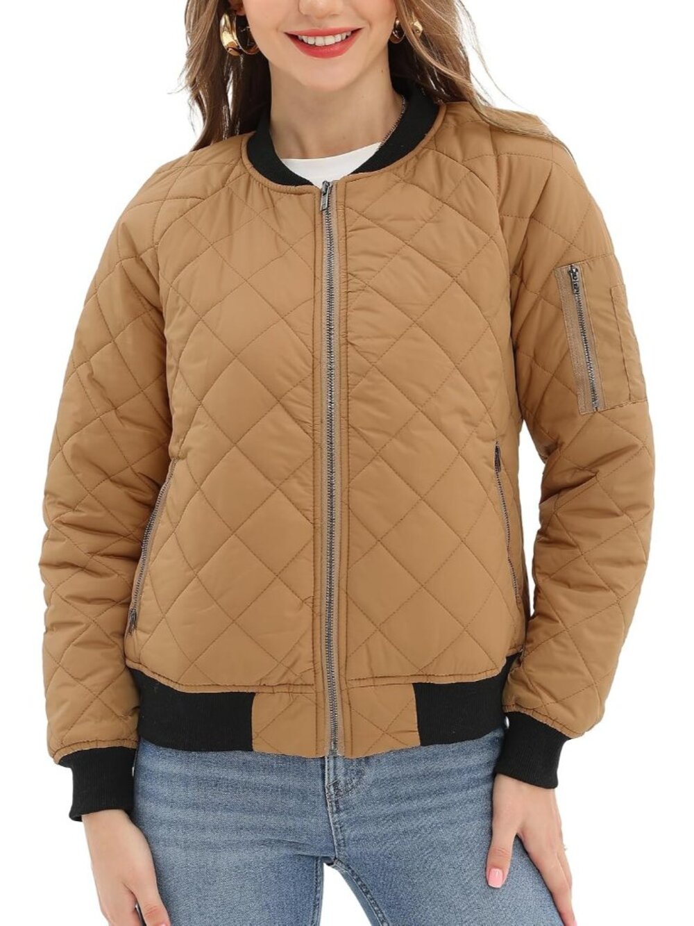 Women's Camel Quilted Bomber Jacket with 5 Pockets Long Sleeves Front Zipper